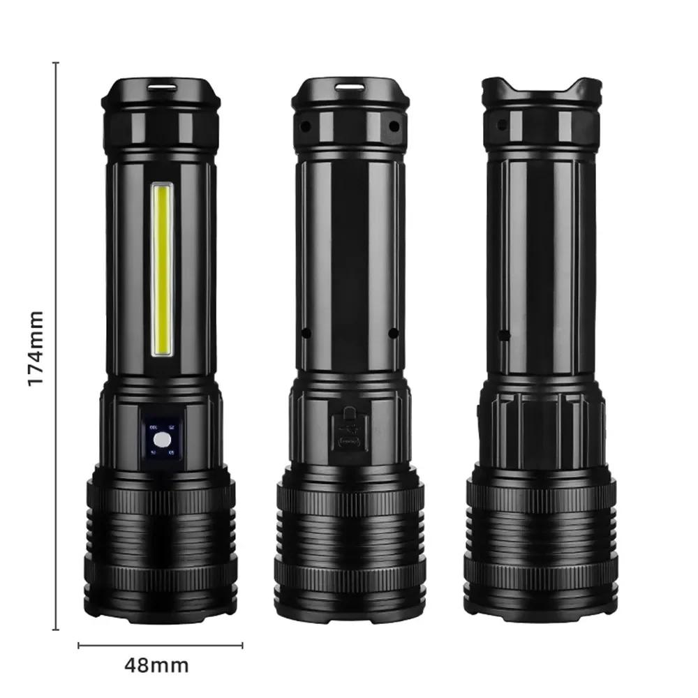 30W Powerful Spotlight  LED Flashlight with COB Side Light Type-C Charging Lantern Strong Bright Torch for Fishing Camping Lamp