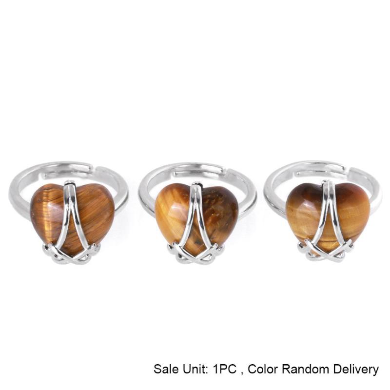 Women Adjustable Wire Wrapped Crystal Open Ring Heart Shaped Natural Stone Jewelry For Anniversary