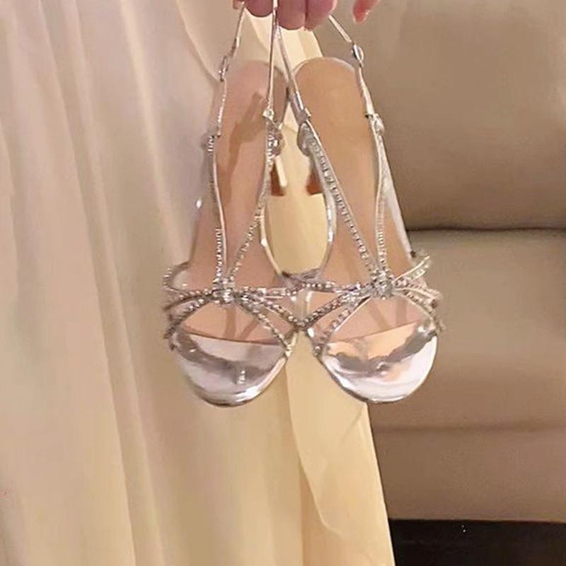 Nisje rhinestone høyhælte damesko stiletto åpen tå sexy ett-ords spenne sølv stropp sandaler sommer