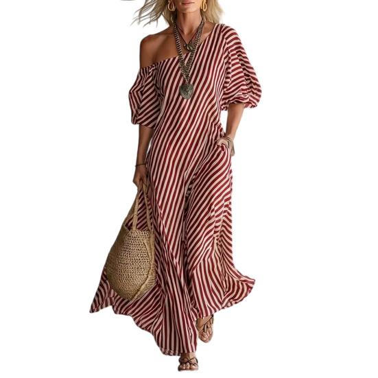Damen Gestreiftes Off-Shoulder Maxikleid Kurzarm Lässig Party Cocktailkleid Sommer Strandurlaub Fließendes Kleid
