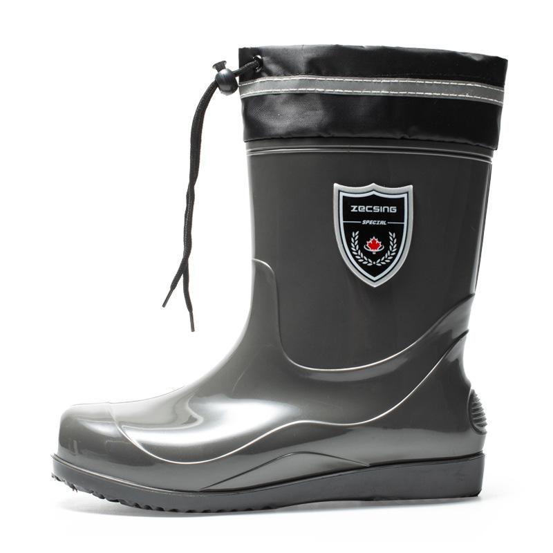 Water Shoes Pull Rope Elastic Waterproof Mouth Rain Shoes Men's Rubber Shoes Rain Boots Medium Tube Beef Tendon Sole Non-slip Waterproof Oil-proof