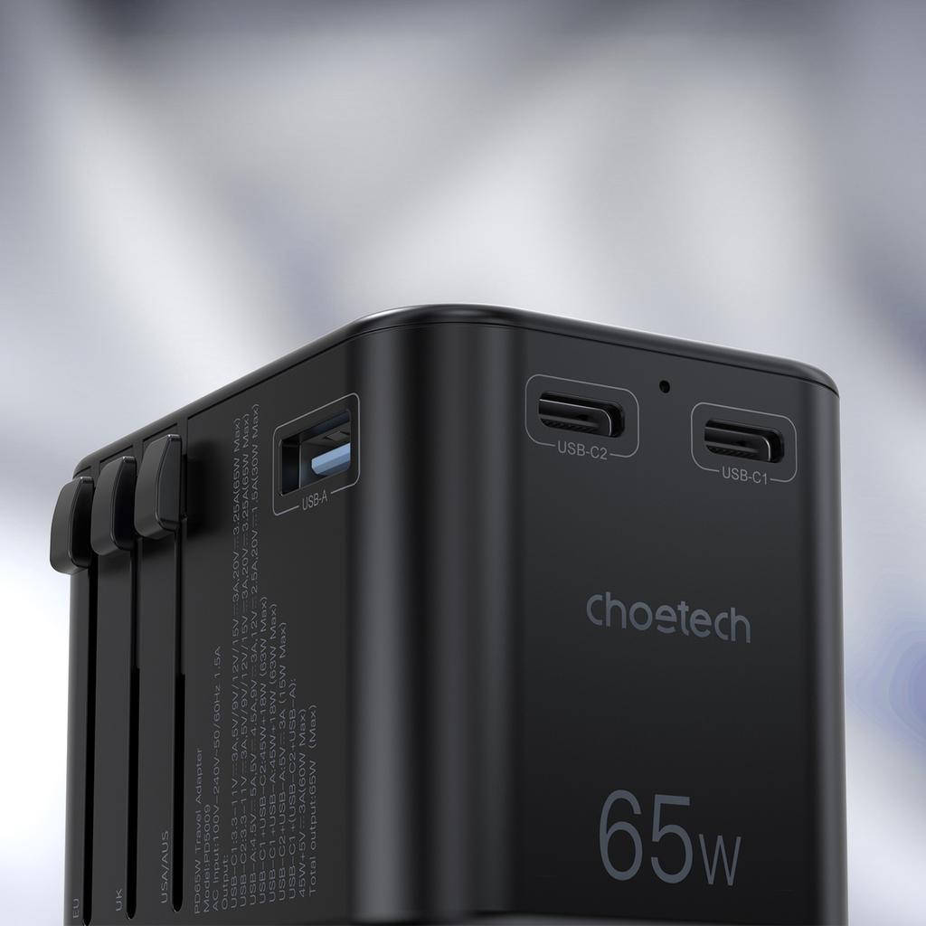 Choetech PD5009-BK GaN 65W Travel Adapter - EU/US/UK/AU 2x USB-C, USB-A, Black
