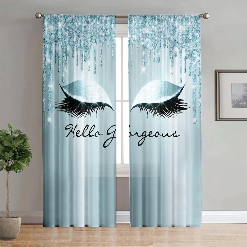 Eyelashes Rainbow Princess Gold Glitter Women Girl  Light Filtering Curtain For Living Space Bedroom Area Window Drape Decor