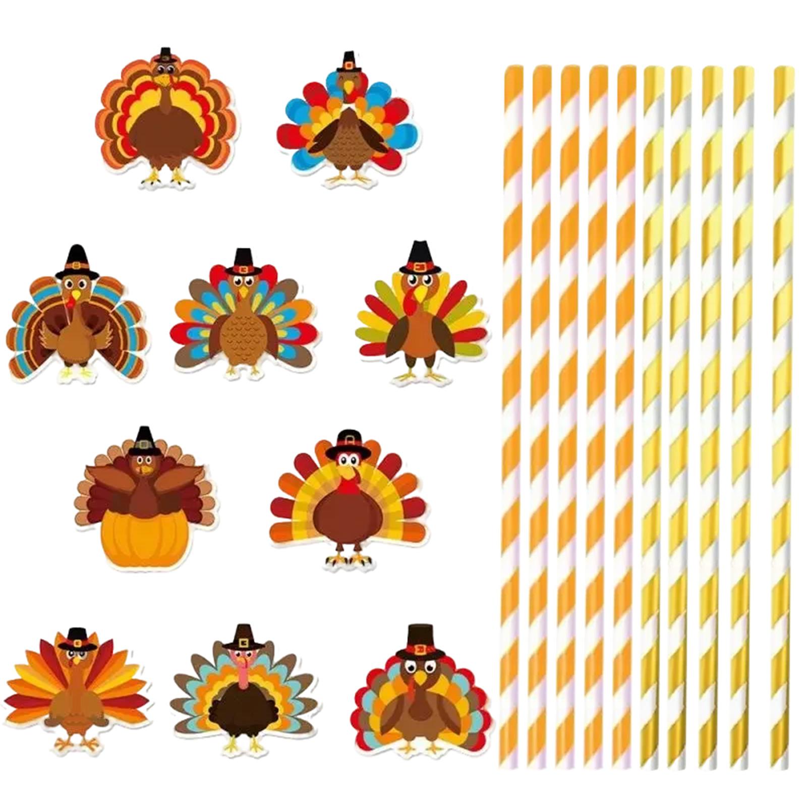 

Thanksgiving Turkey-shaped Paper Straws, 10-pack, And Orange Striped Straws, Suitable For Fall Party Decorations And Thanksgiving Parties. One Size