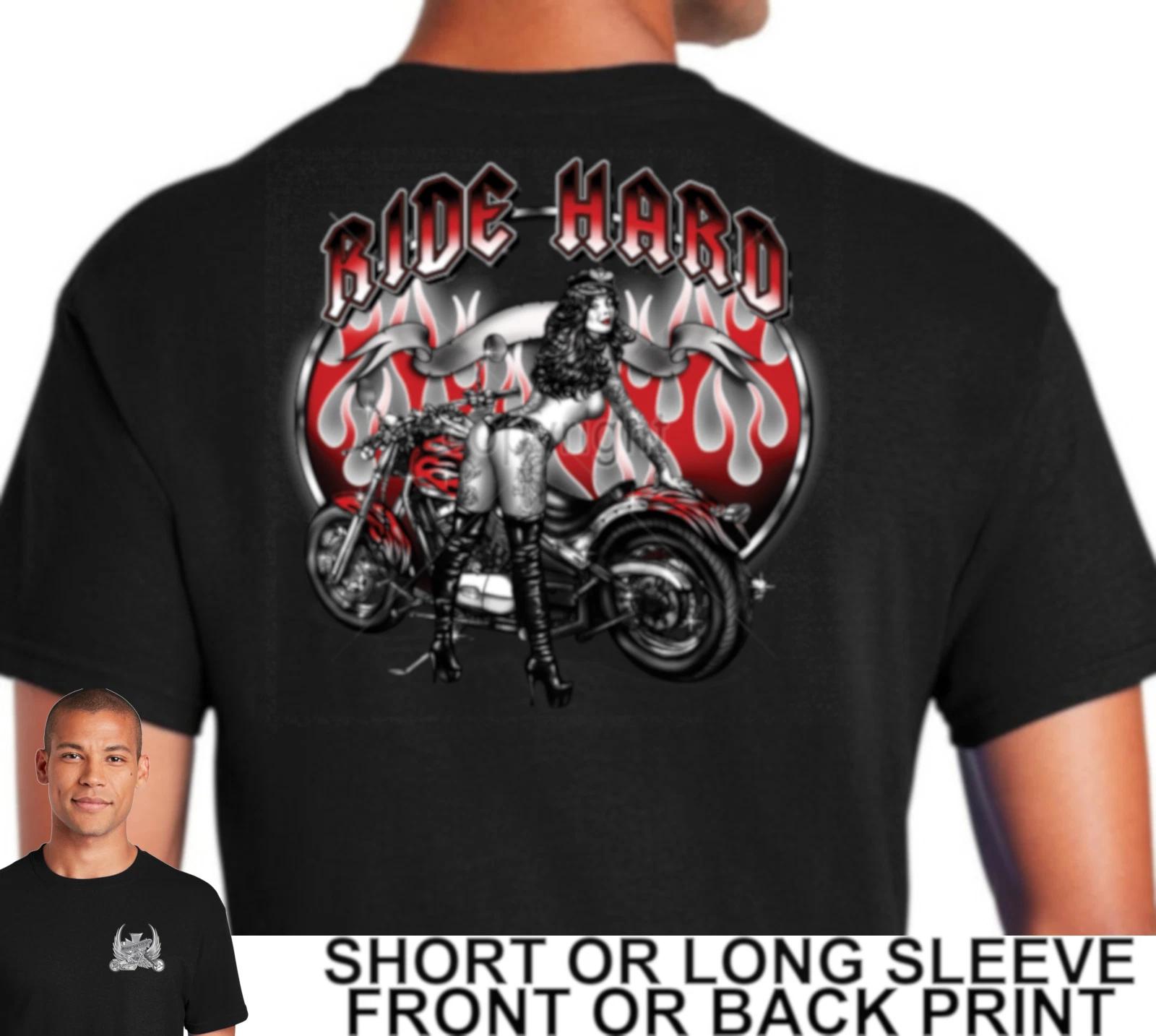 Ride Hard Classic Custom Built Motorcycle Chopper Sexy Girl Men s Biker Shirt L