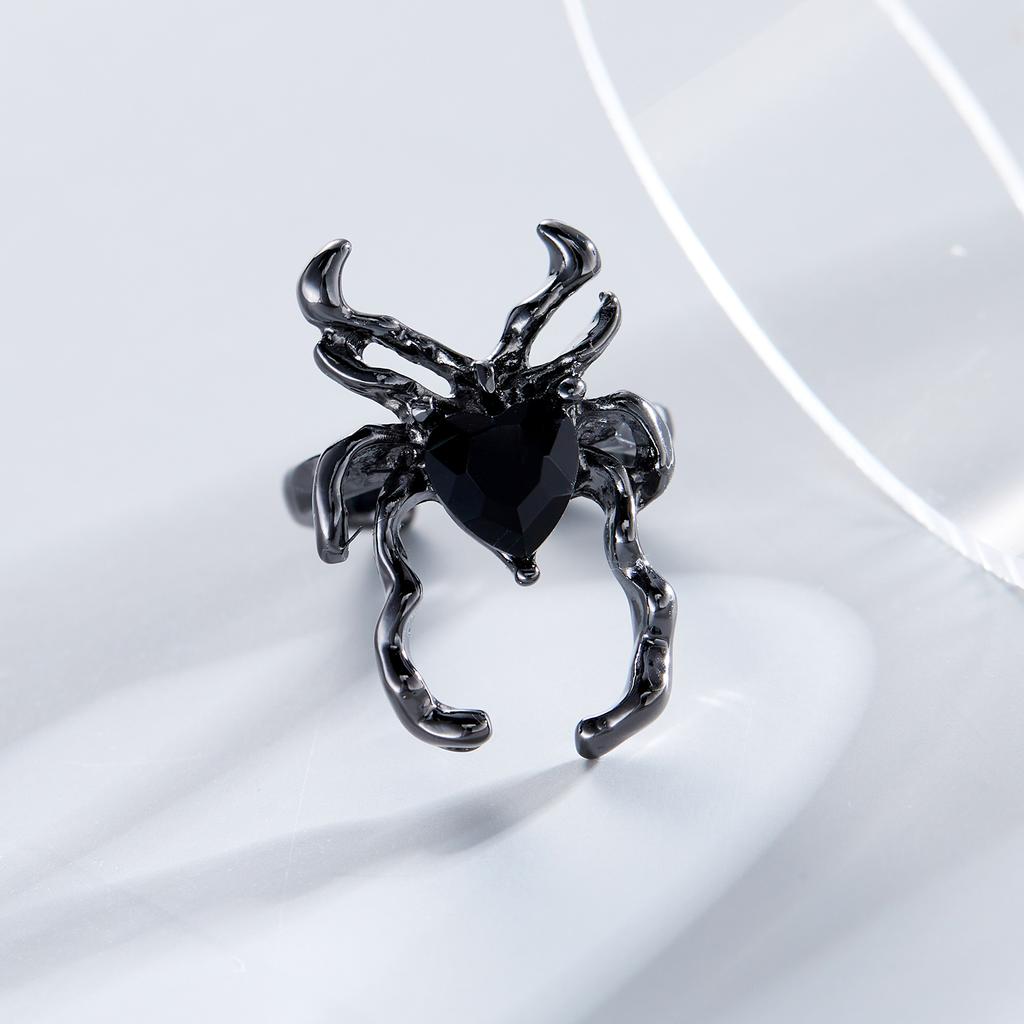 Gothic Punk Irregular Spider Webs Zircon Opening Ring Women Black Crystal Dark Animal Rings Hip Hop Fashion Party Finger Jewelry