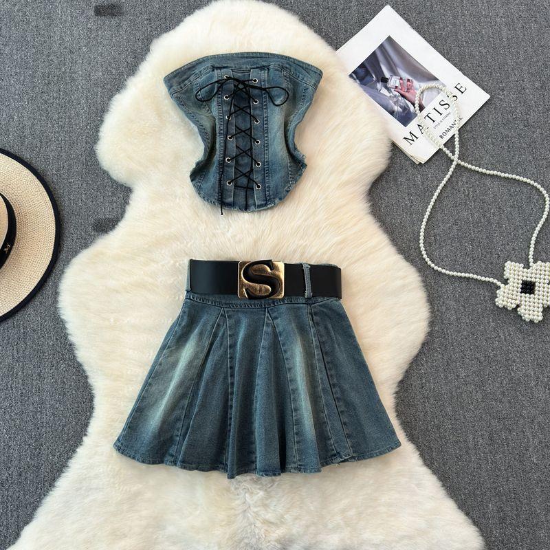 

American Retro Denim Suit Female Sexy Sexy Tube Top Tops + Fashion Tape a Word Sexy Pleated Skirt Two-piece Set Blue S
