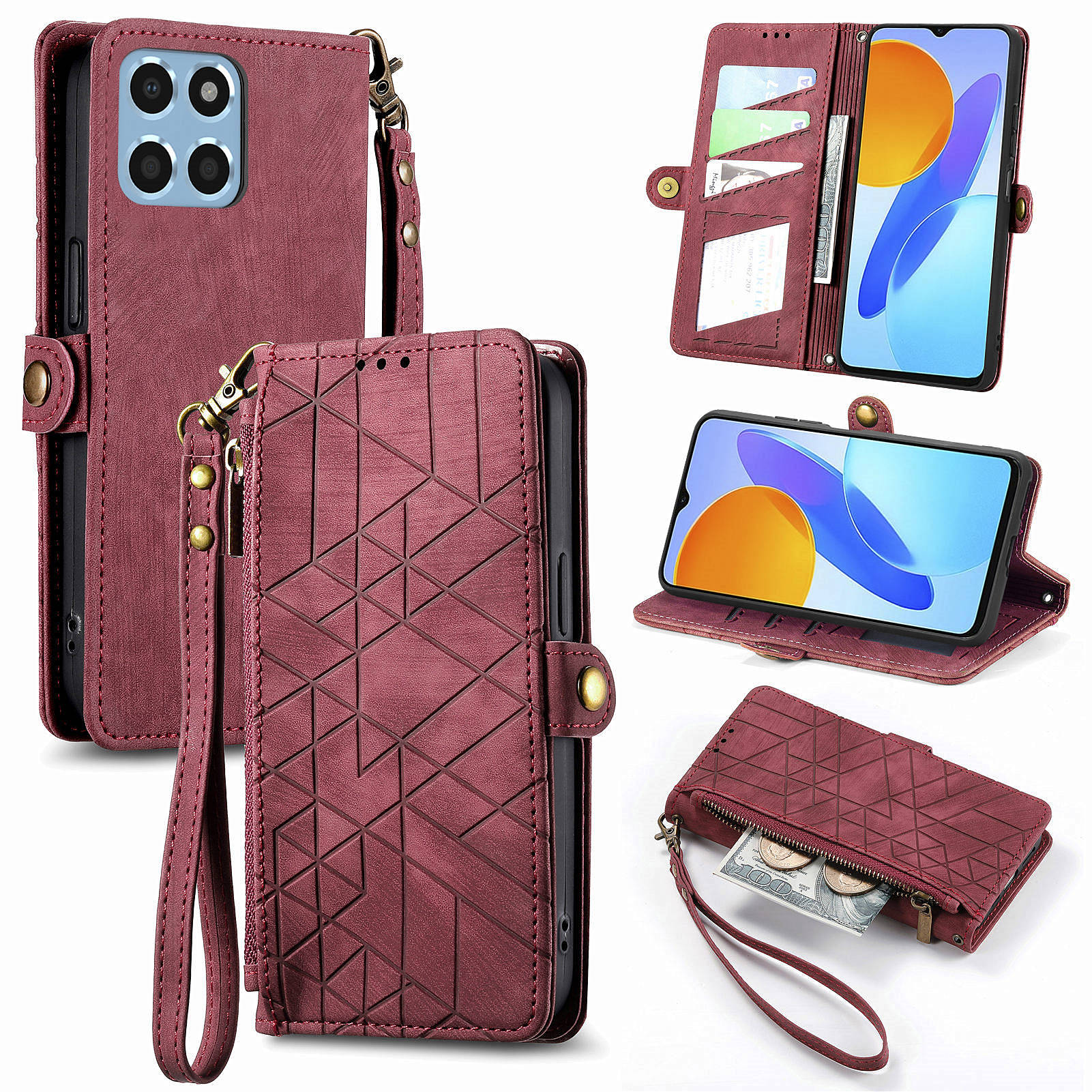 

Case For Honor X7c 4G/200 Smart 5G/Play 60 Plus 5G Zipper Wallet Geometry Lines Leather Phone Cover Red