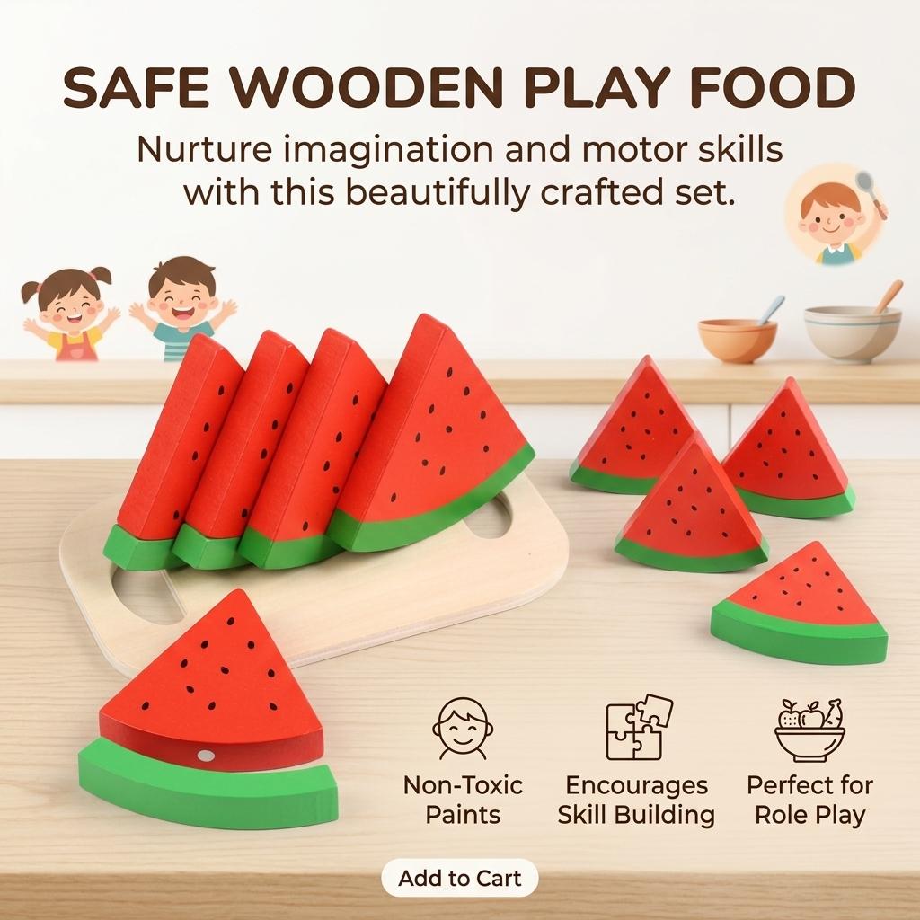 Wooden-Watermelon Toy for Kids Educational Fruit Model Role Play Gift for Boys and Girls Summer Present