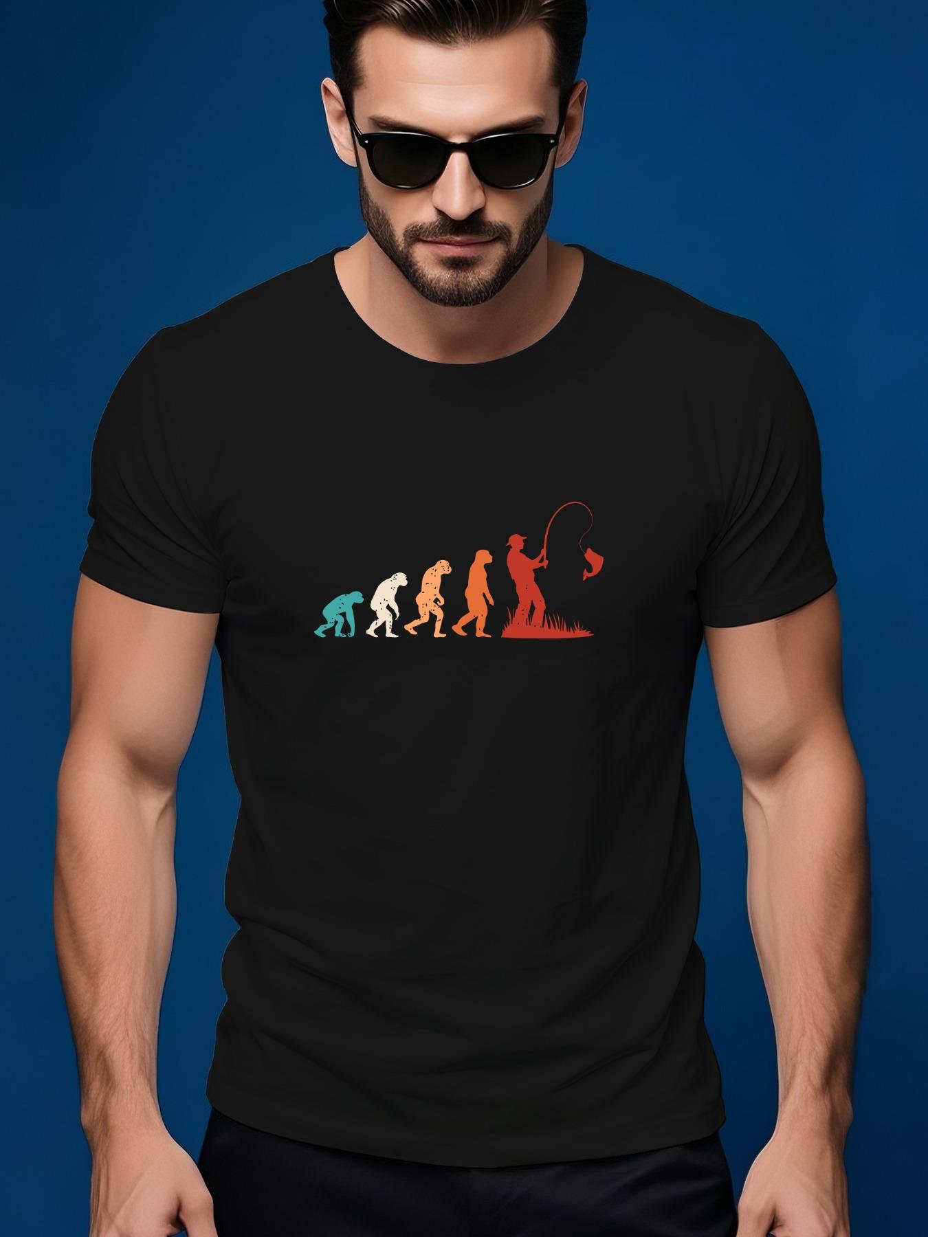 Short Sleeve Tshirt with Humorous Human Evolution Fishing... S