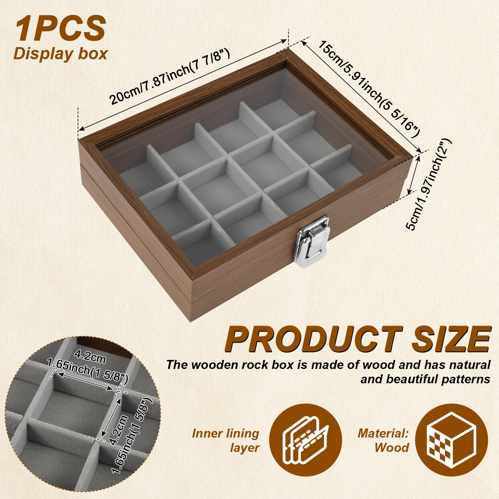 

12 Grid Storage Box Wooden Rock Collection Display Box with Velvet Lining Multipurpose Jewelry Organizer for Gemstone Crystal