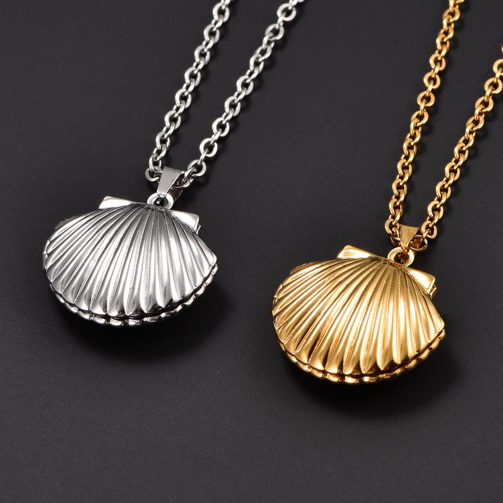 Stainless Steel Seashell Photo Locket Pendant Necklace for Women Men Picture Box Frame Charms Chain Metal DIY Jewelry Accessory