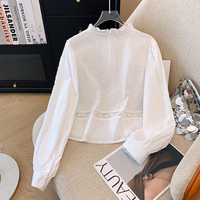 Korean Temperament Unique and Beautiful Lace Blouse with Lace Collar and Jacquard Long Sleeved Shirt Top for Women