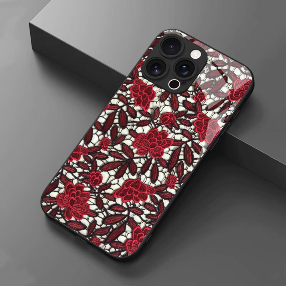 Red Floral Lace Pattern Glass phone case mobile phones for iphone 17 pro max cover for iPhone 17 16 15 14 13 12 11pm Pro Plus