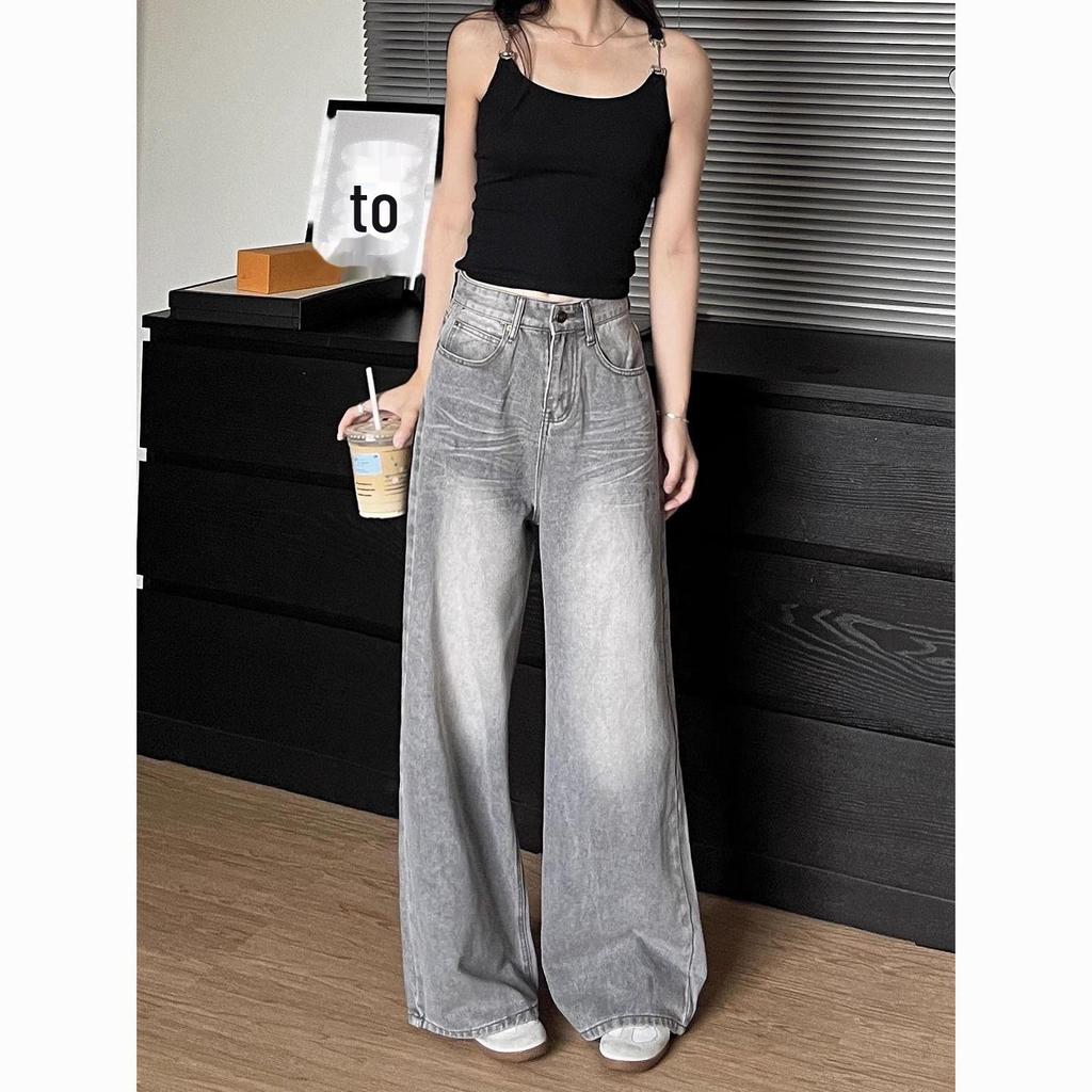 Women's 2025 High-Waist Gray Wide-Leg Jeans - New Retro Spring Style Loose Straight Pants