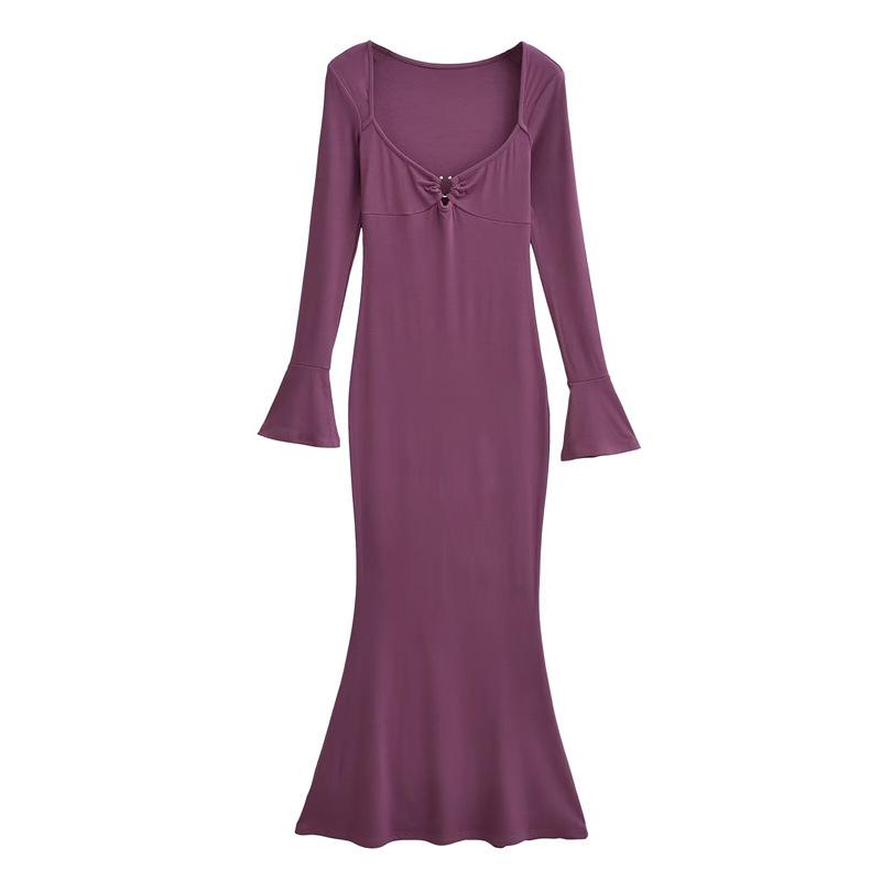 

Elegant V-Neck Fishtail Long-Sleeve Dress for Women, Spring/Autumn, Waist-Cinching, Retro Style, Hip-Hugging Skirt Medium фіолетовий