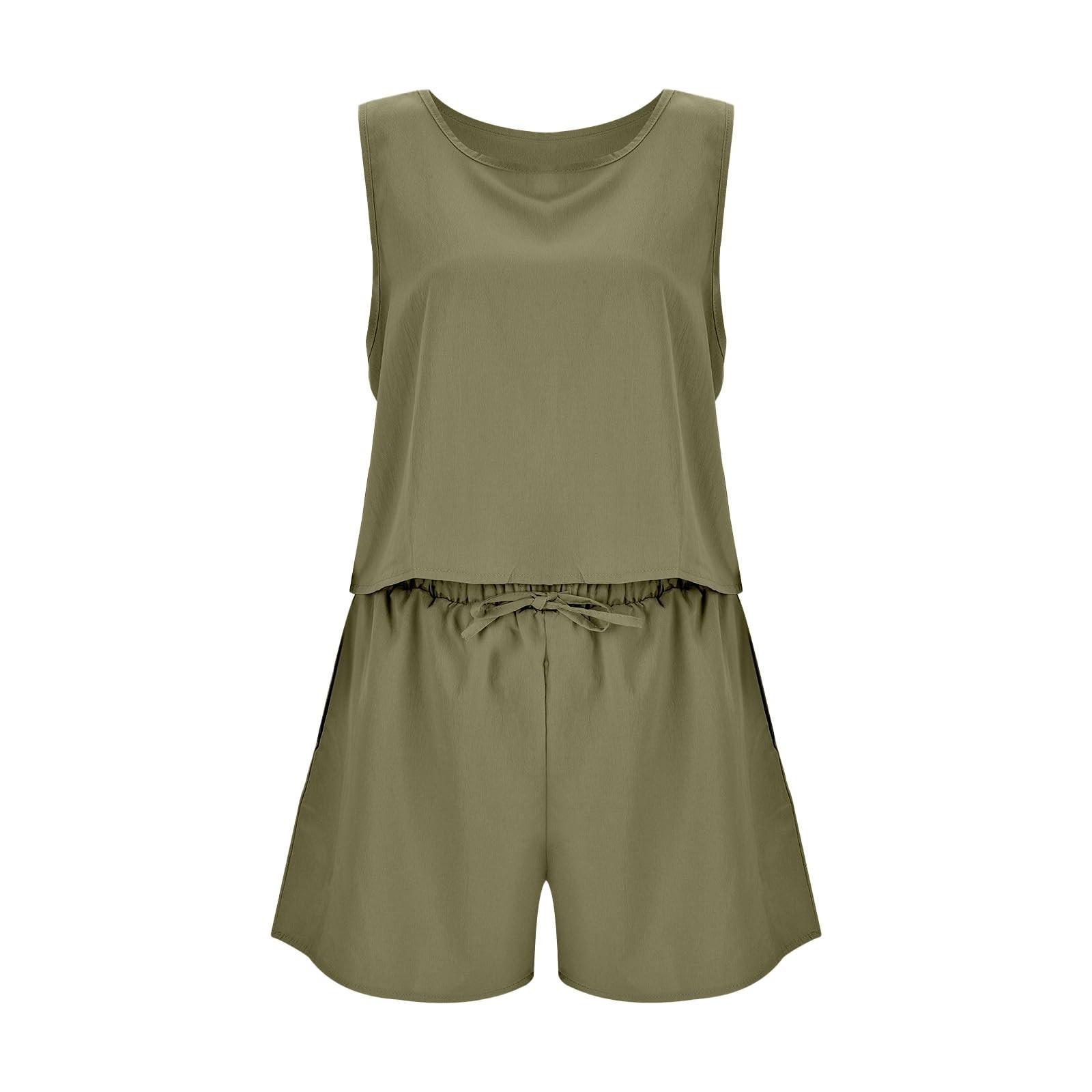 Женский летний льняной костюм из двух предметов без рукавов с круглым вырезом — фото 4