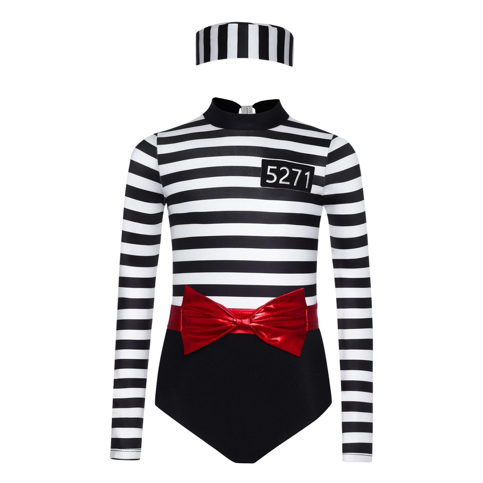 

Girls Prisoner Costume Three Piece Set Mock Neck Long Sleeve Jumpsuit Detachable Bow Belt Convict Cap 7-8 Years чорний