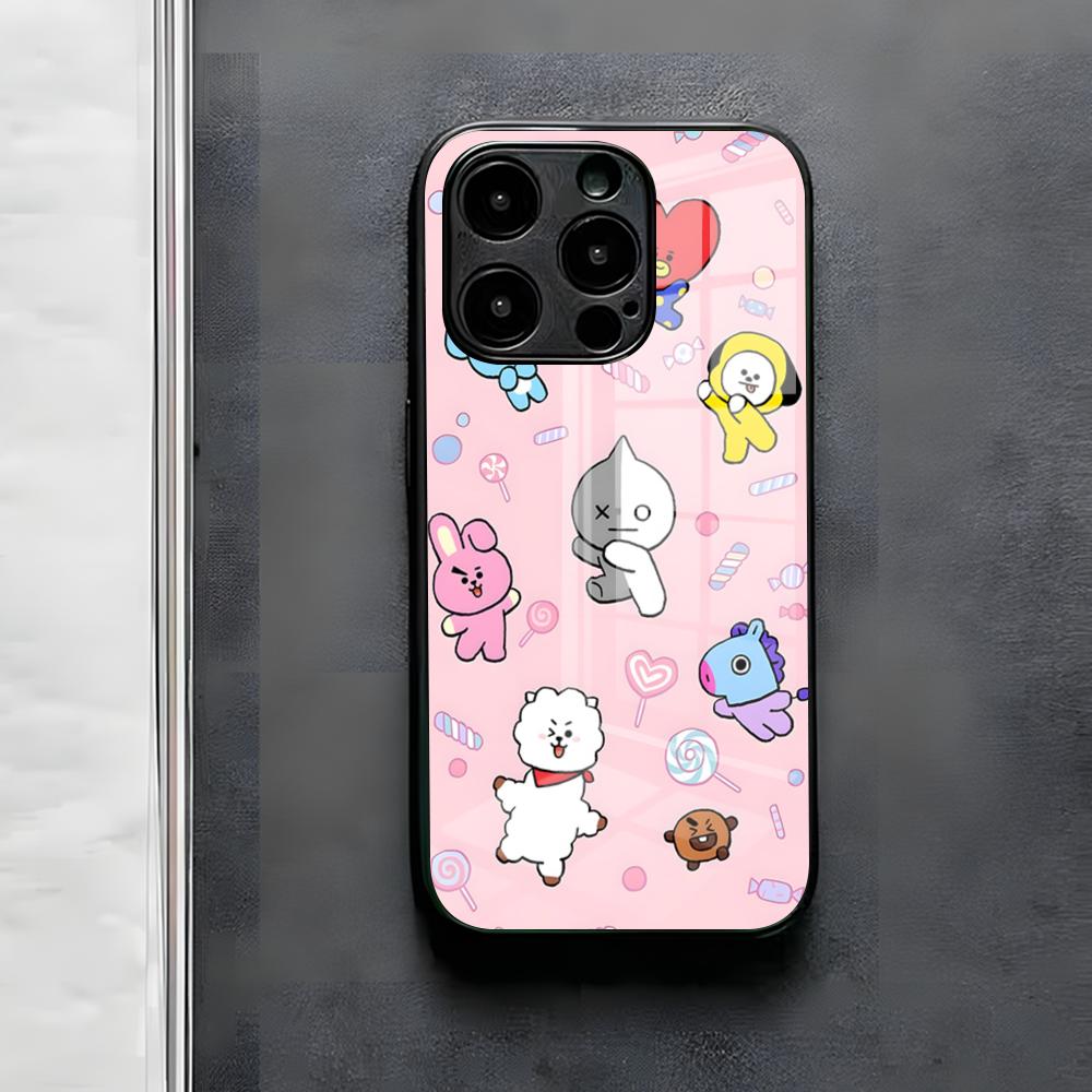 Cute Cartoon B-BT21s Phone Case For IPhone 17 Air 16 E Pro Max 15 14 13 Mini 12 Pro 11 Max Plus Black Glass Cover