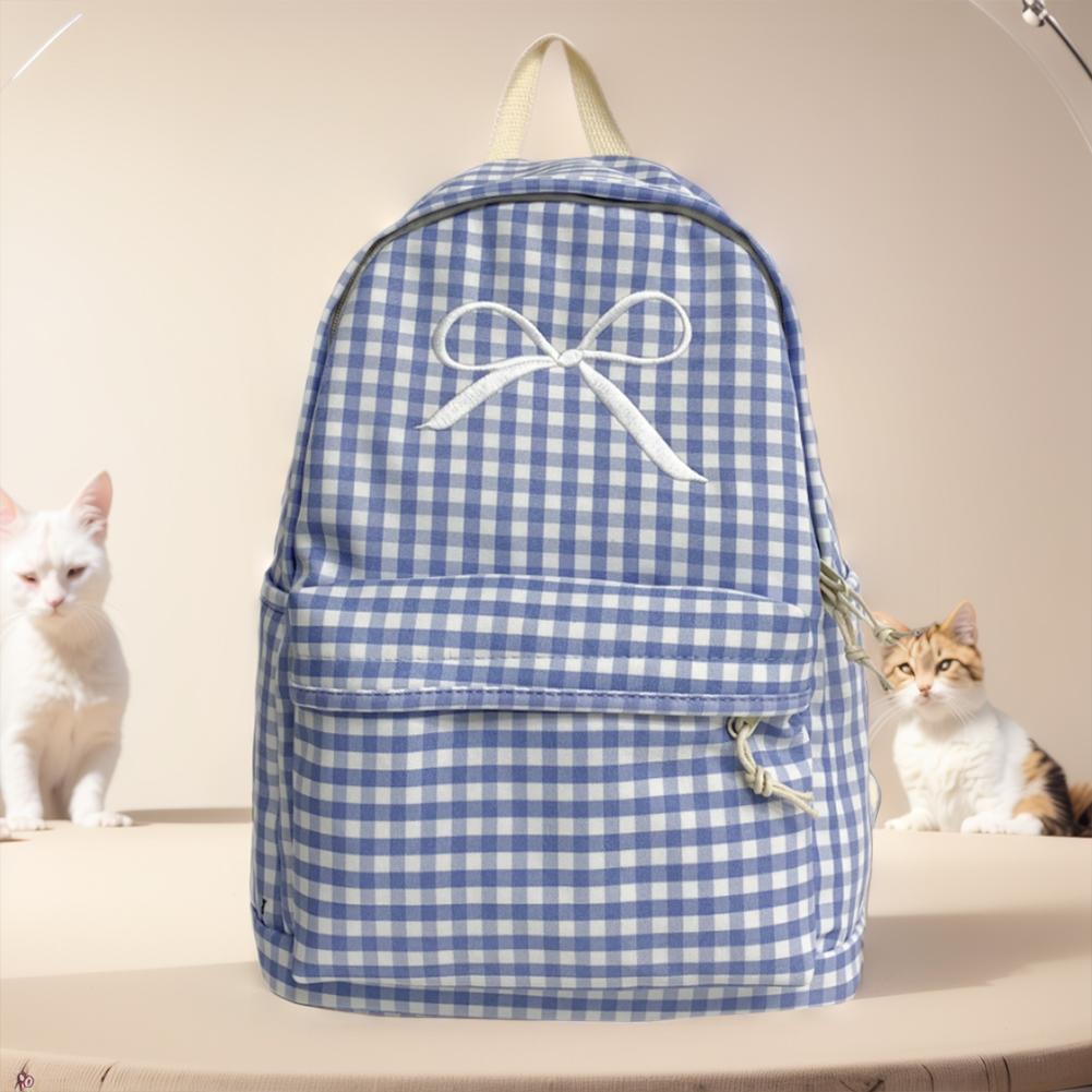 Cute Bowknot Plaid School Backpack Lightweight School Bag Nylon Student Rucksack for Girls Women High School College Work