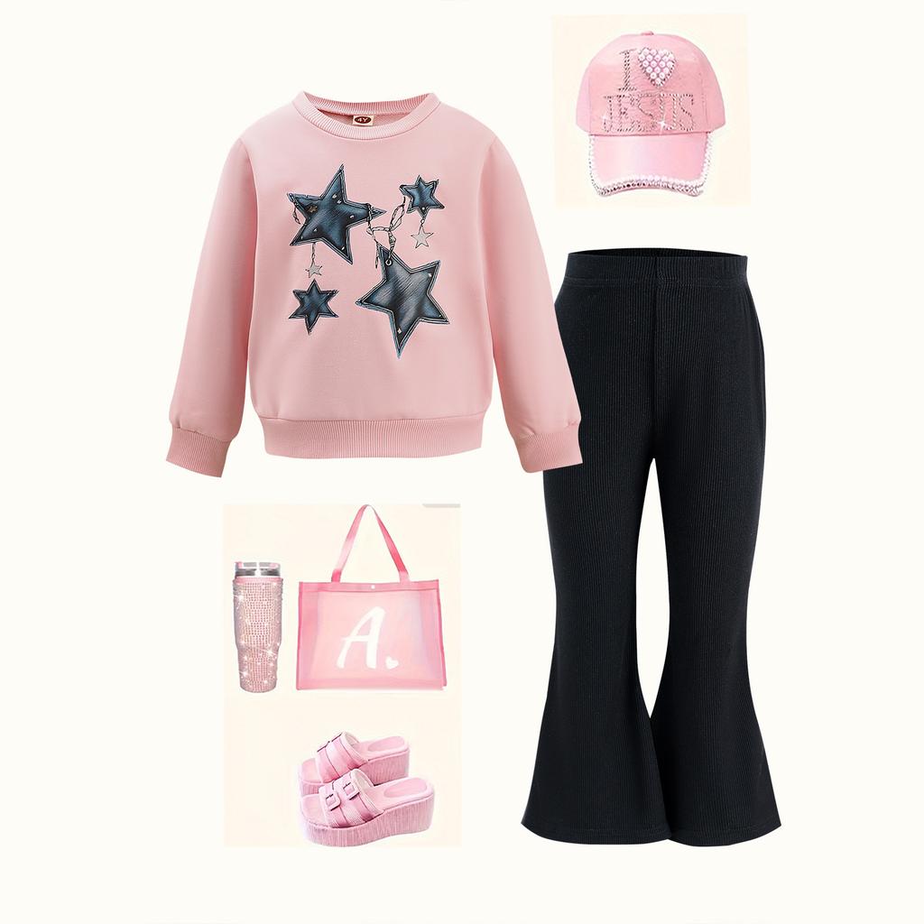Dívčí soupravy Podzim a zima Dětský růžový pulovr, Top s potiskem pěticípé hvězdy, Černé mírně rozšířené kalhoty set