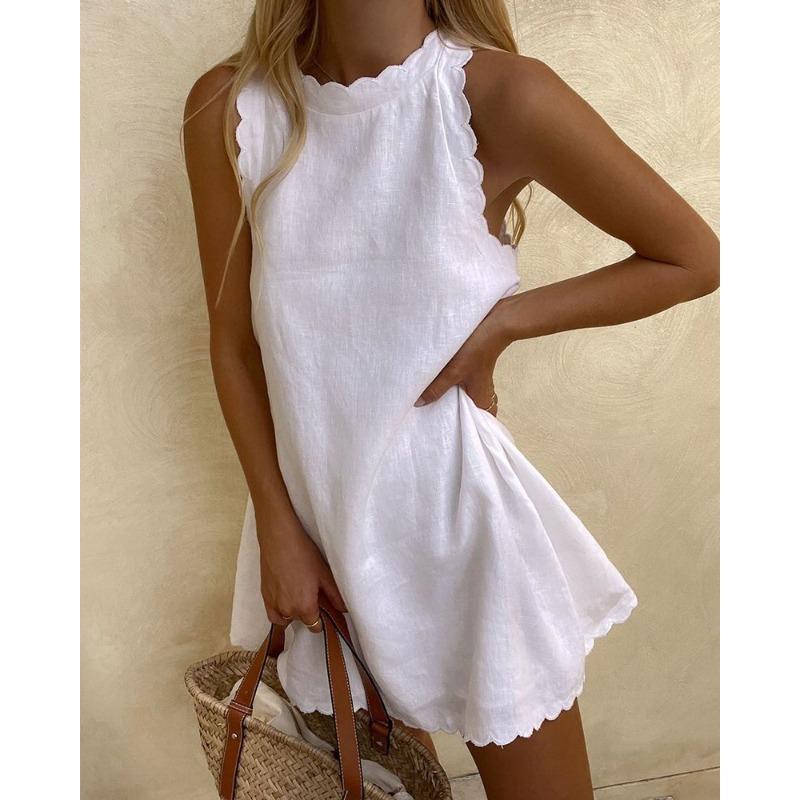 women s Sleeveless Scalloped Edge Round Neck Solid Color Loose Mini Casual Dress Plus Size S белый