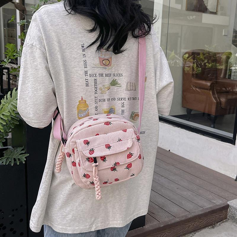 Corduroy cloth small bag women's new fashion strawberry printing mobile phone bag casual messenger bag