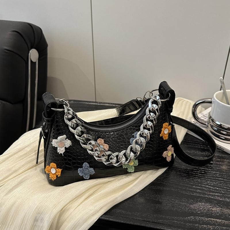 New Crocodile Pattern French Toast Bag Fashion Flower Embroidery Chain Shoulder Bag Women's Shoulder Cross-Body Bag AVE