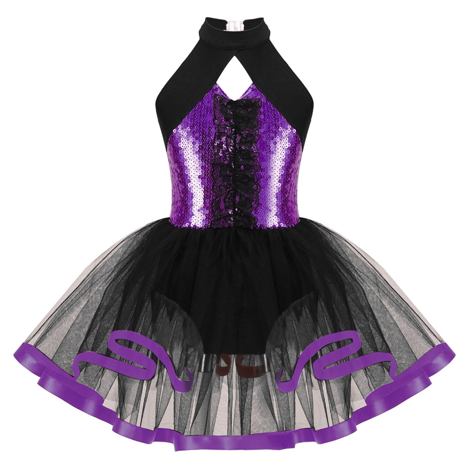 WinYing Kinderen Meisjes Glitter Pailletten Dans Tutu Ballet Jurk Halter Hals Gymnastiek Turnpakje Moderne Latin Jazz Dansen Prestaties Kostuum 9-10 Years paars