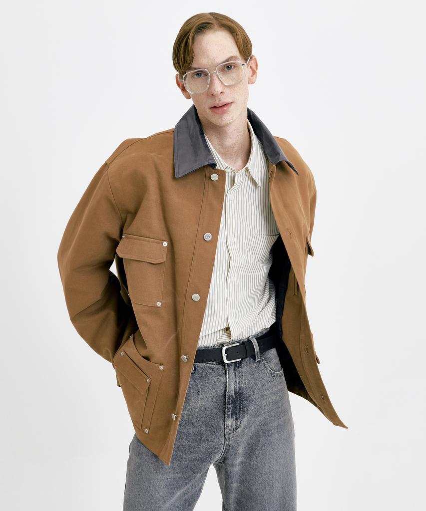 WUNDER GEIST Oversized Faux Leather Collar Contrast Work Jacket
