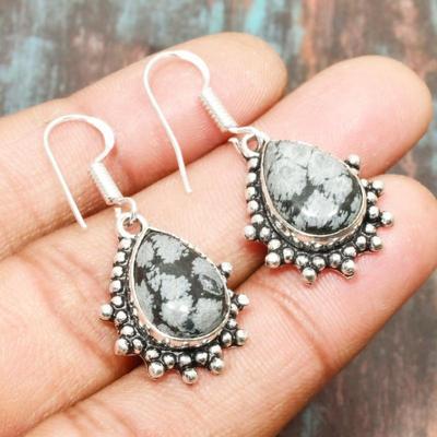 Orecchini in argento sterling 925 fatti a mano con pietra preziosa di ossidiana con fiocco di neve