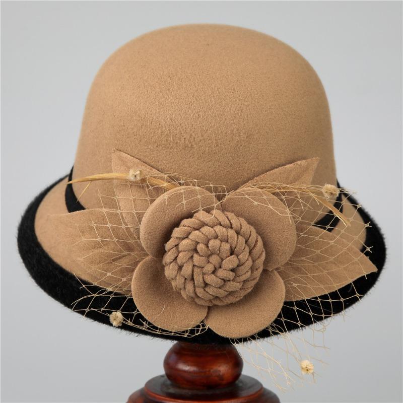 Hut Damen Herbst und Winter warmer Wollhut Temperament Domhut elegant retro Netzblume Modehut