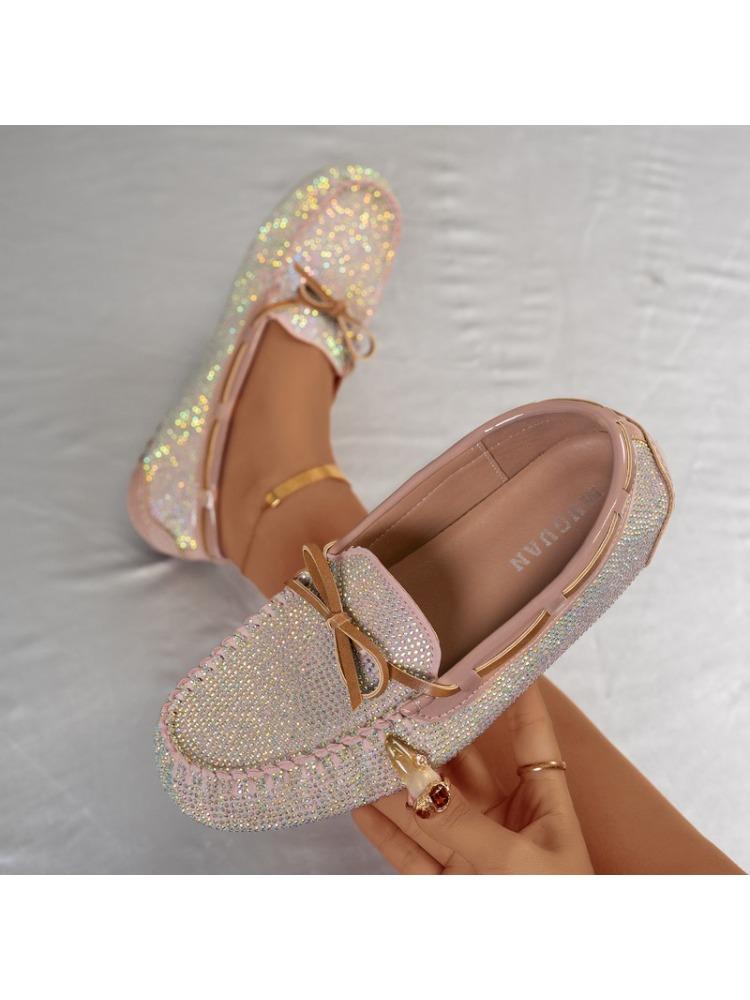 Fashion Spring New Large-sized Single-shoe Women's Leopard Print One-foot Soft Sole Comfortable Bow Full Diamond Loafers