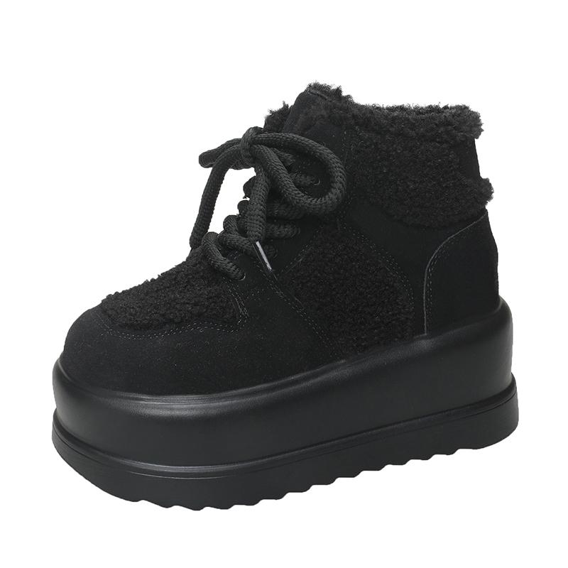 

Теплые зимние ботинки для женщин 2024 года, зимняя обувь из плюша с хлопковой подкладкой, женские кожаные ботинки на высоком каблуке 7 см, туфли на толстой платформе 39 чёрный