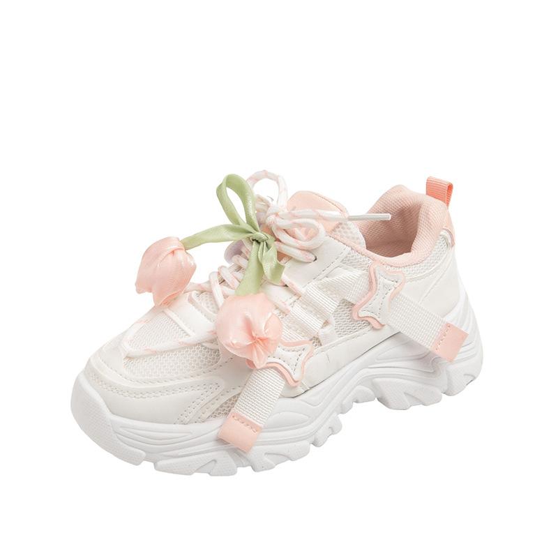 Girls Sneakers Tulip Flower Breathable Dad Shoes 2025 Spring and Autumn New Girls Mesh Casual White Shoes