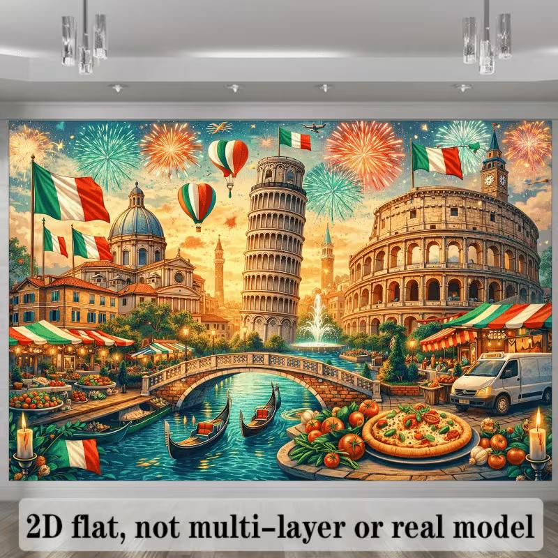 2D bunte Kulisse zur italienischen Kultur mit Wahrzeichen, Pizza & Gondeln