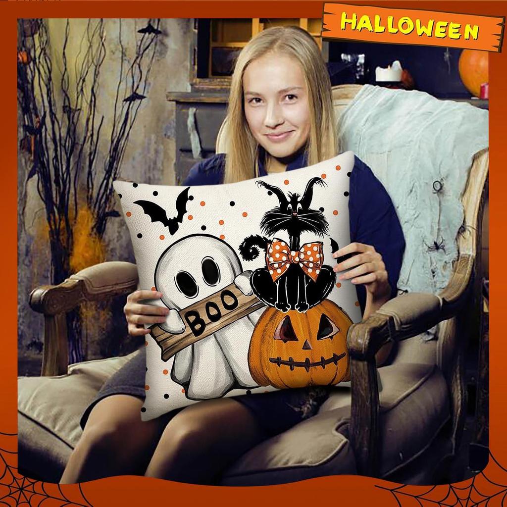 Halloween Decorative Linen Throw Pillow Cover With Single Sided Print (Pillow Insert Not Included)