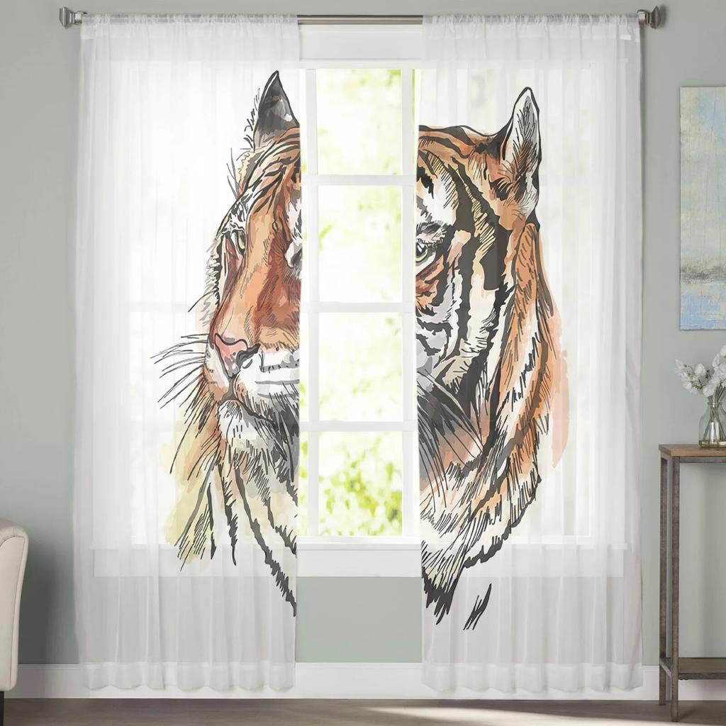 Tiger Watercolor Tulle Curtain Home Office Window Decor Bedroom Kitchen Balcony Modern Sheer Curtain
