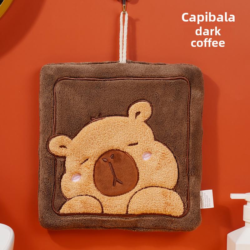 Capybara Embroidered Coral Fleece Hand Towel - Cute, Thick Towel for Kitchen or Kids' Use