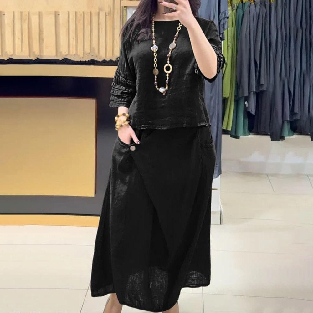 Women's Round Neck Solid Color Casual Cotton Linen 3/4 Sleeve Top and Pants Set