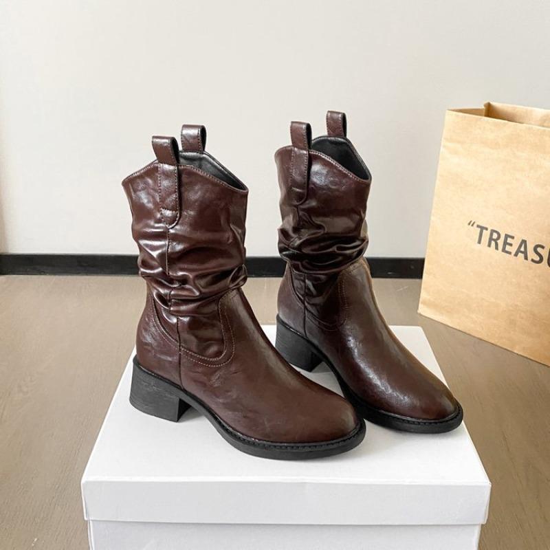 

Pleated Western Boots Coarse Heel Medium Boots Children s Autumn and Winter New Stacking Boots Medium Heel Fashion Boots 40 коричневий
