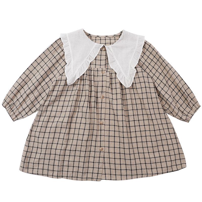 Spring Collection: Girls' Long-Sleeve Plaid Princess Dress In Cotton Linen.