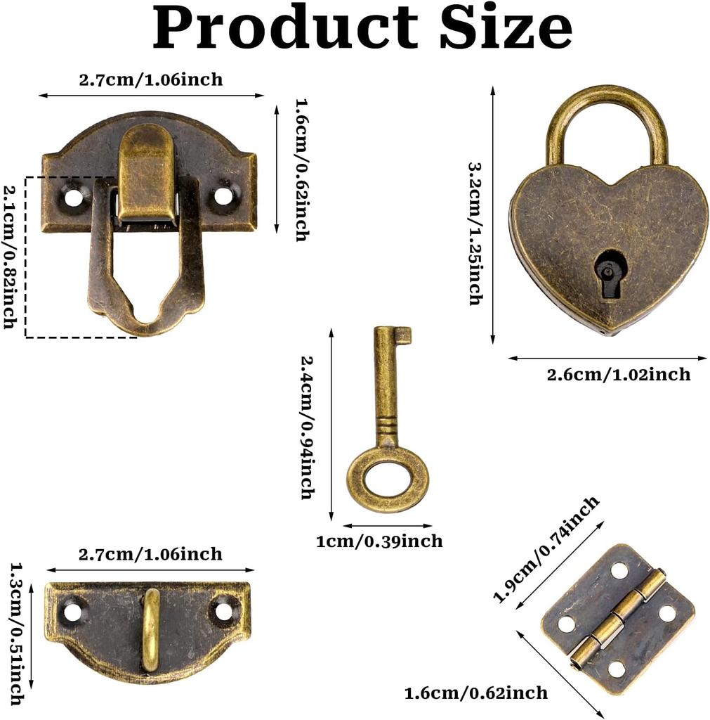 2er-Set Antik-Bronze Riegelverschluss 27 x 30 mm Riegelverschluss Mini-Boxscharniere und Liebesschlösser mit Schlüsseln Dekorative Schloss schnalle mit Schrauben für Schmuck Woo