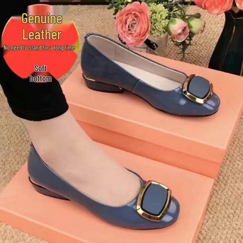 Women's Genuine Leather Chunky Heel Mid-Heel Square Buckle Shoes, 2022 Patent Soft Leather, Versatile Design.