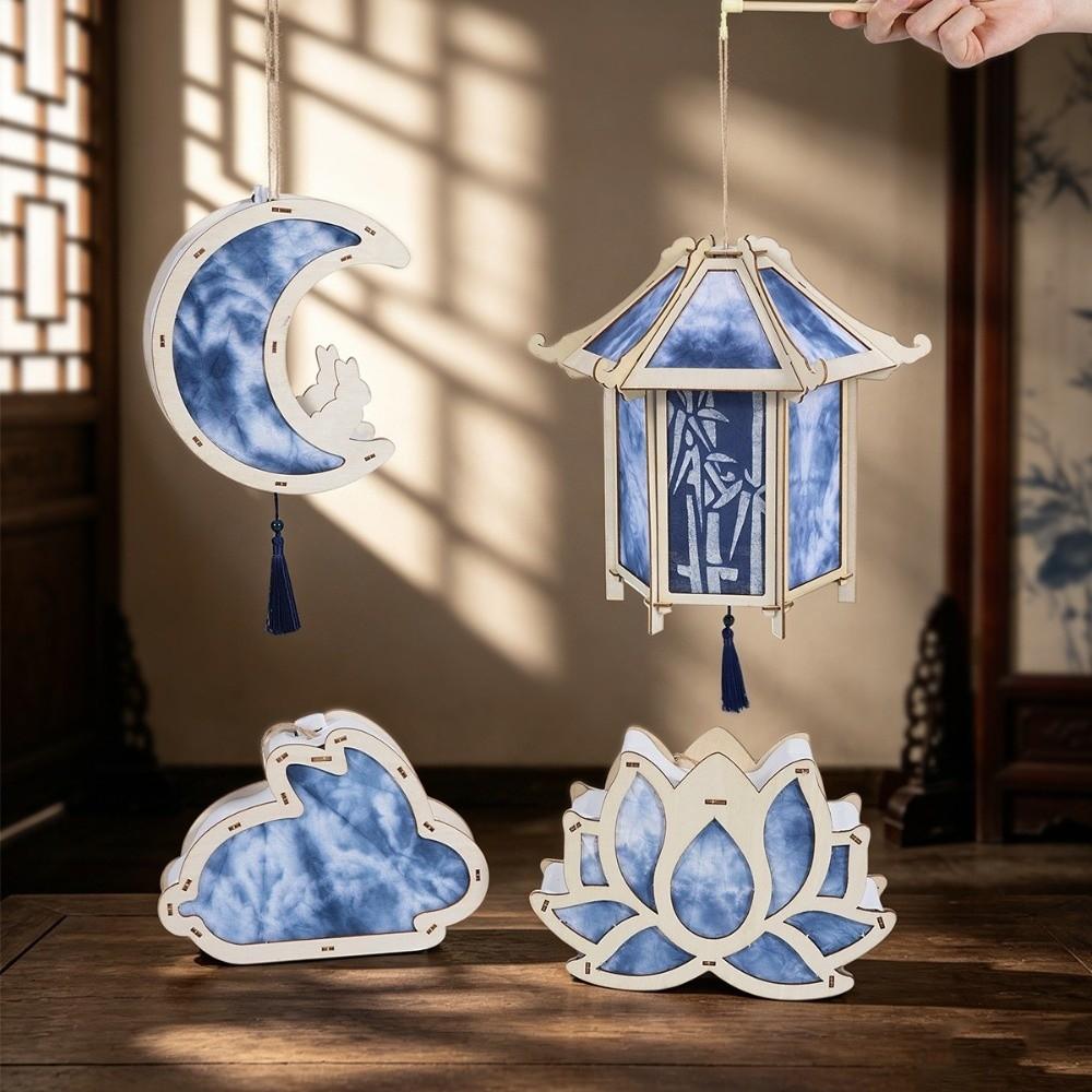 Retro Tie Dyed Lanterns Rabbit Shape Glowing Lanterns Wooden Handheld Lanterns Mid-Autumn Festival
