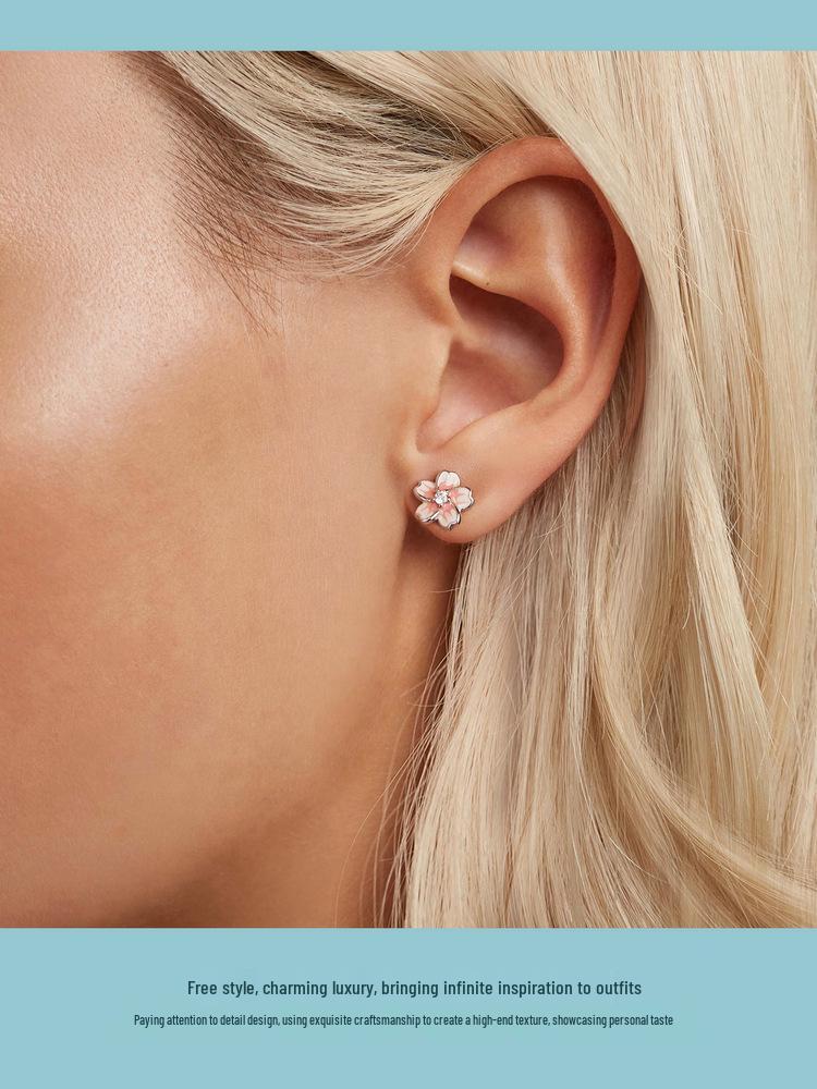 Yin Ziyun Cherry Blossom Pink Gradient Sterling Silver Earrings - Romantic Floral Birthday Gift