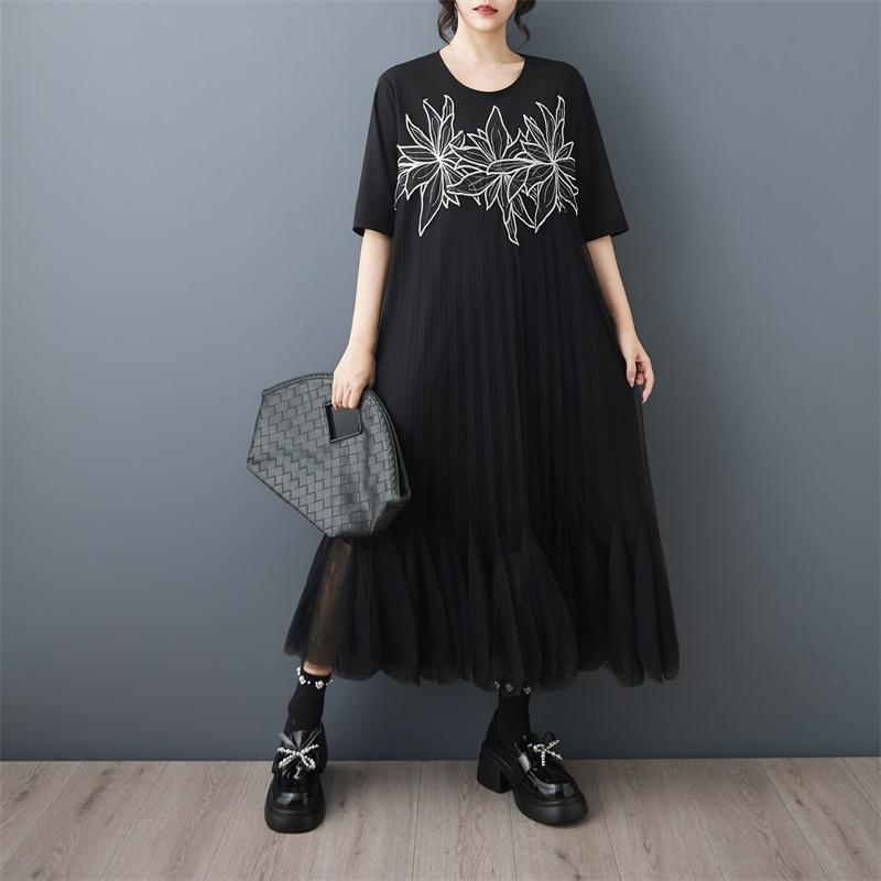 Short Sleeve Plus Size Black Mesh Vintage Embroidery Floral New In Dresses for Women Casual Loose Long Summer Dress