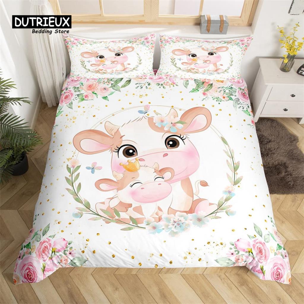 Niedliches Milchkuh Bettwäsche-Set King Cartoon Tier Bettbezug Botanisch Floral Steppdeckenbezug Mikrofaser Bauernhaus Tagesdecke Bezug