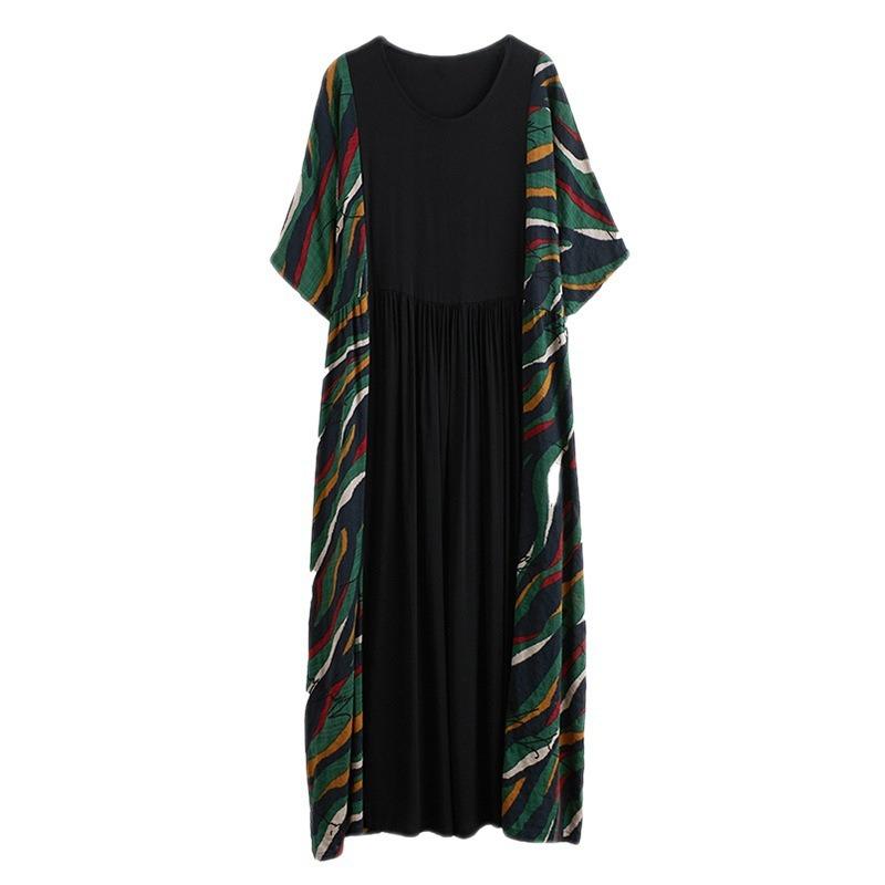 Real shot summer new literary retro fat mm printing contrasting color short-sleeved dress women