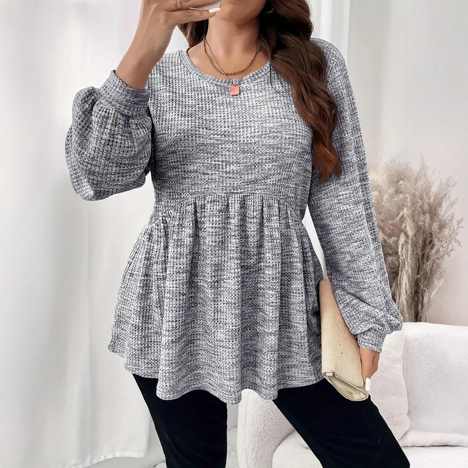 

Women s Fashion Plus Size Round Neck Solid Color Long Sleeved Ruffle Hem Pullover T-shirt Top XXL